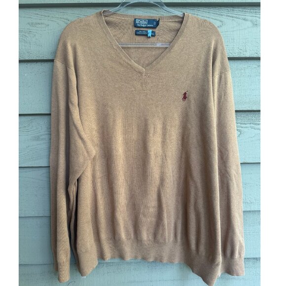 Ralph Lauren Polo 3XB Big Men’s V-Neck Sweater 🐎 100% Pima Cotton Camel Tan - Picture 1 of 8